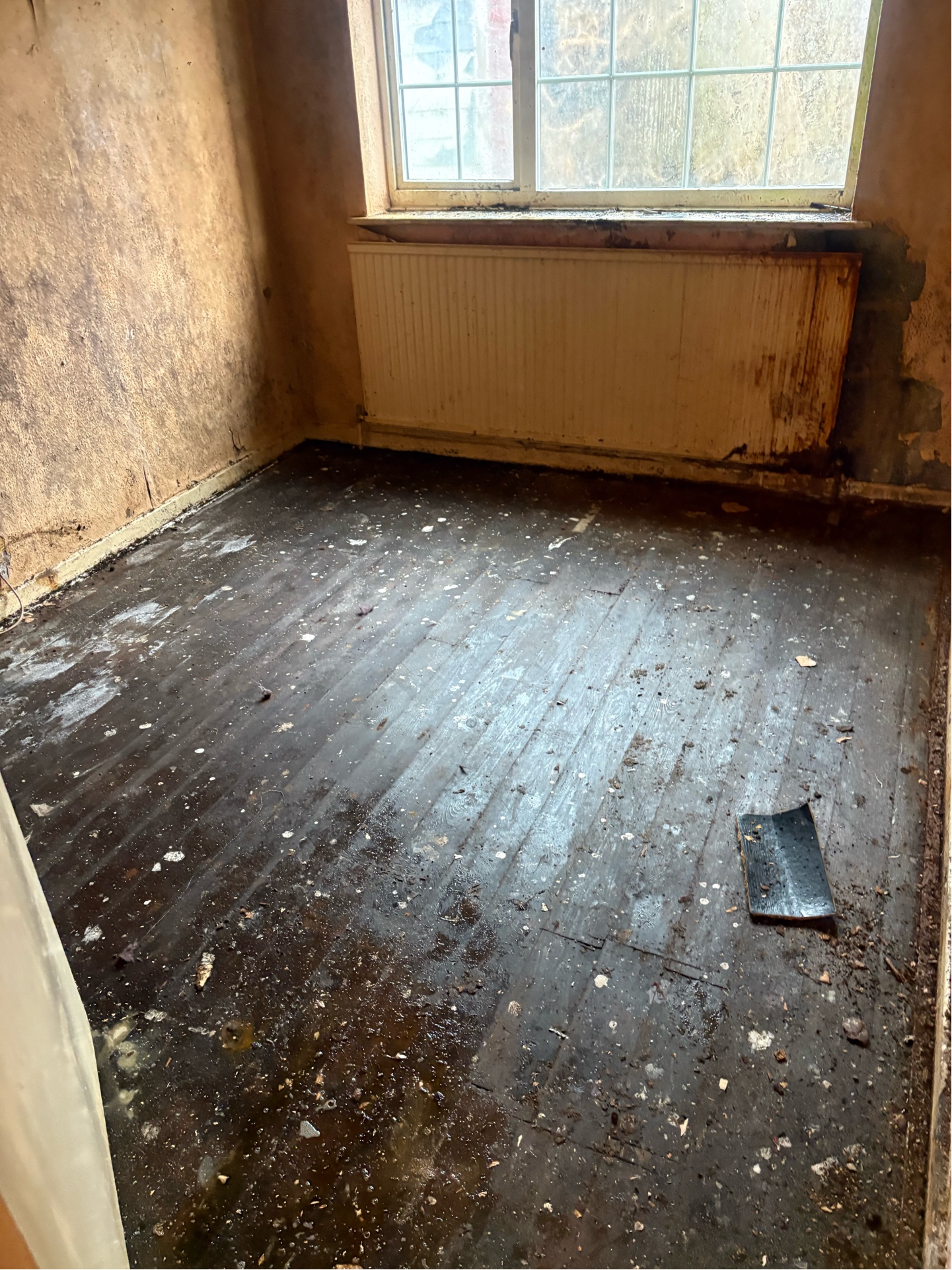 Property clearance — bedroom with damaged floorboards and contamination