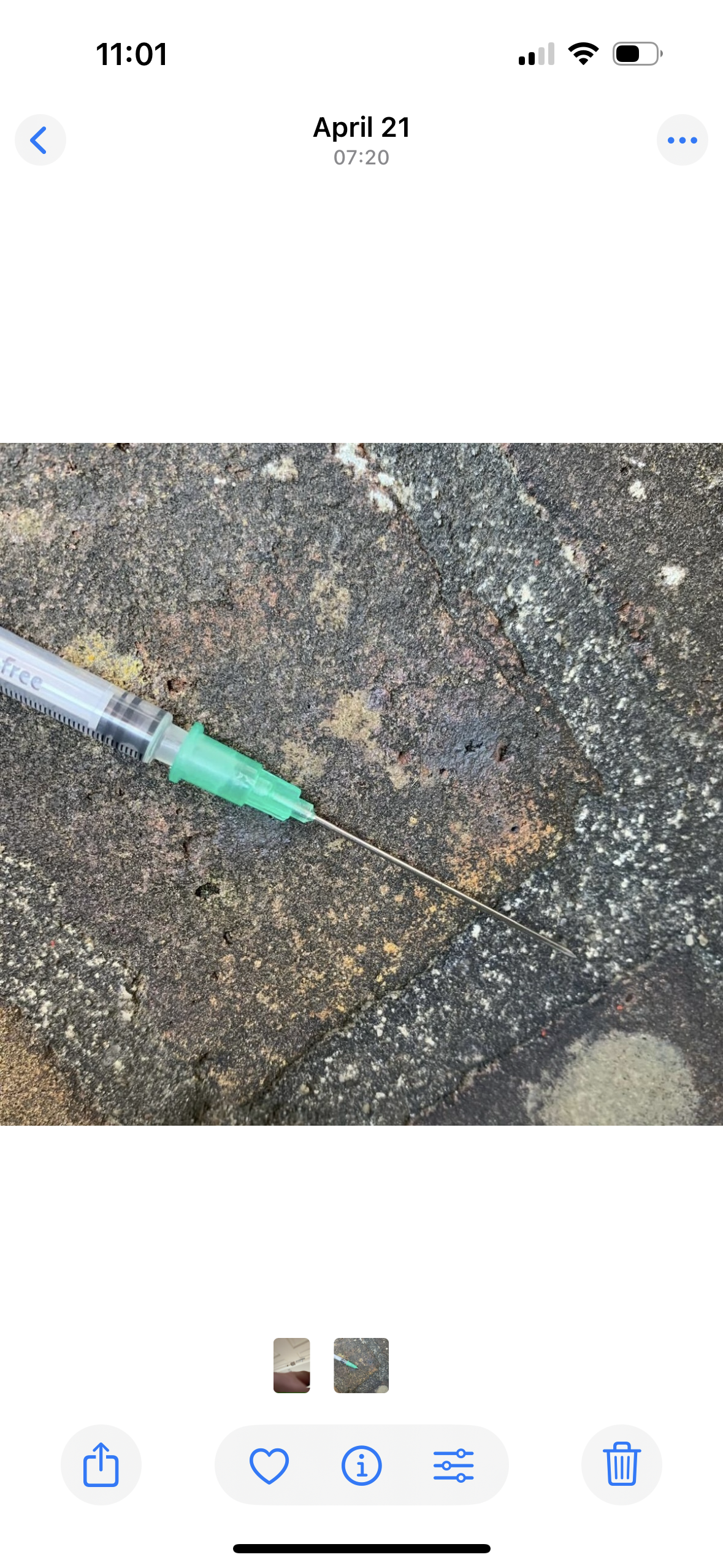Discarded syringe found during needle sweep